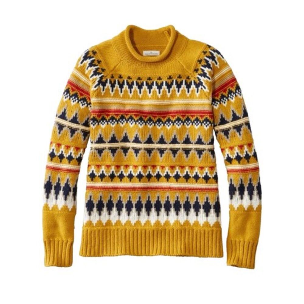 LL Bean Signature Fair Isle Knit Rink Sweater Women's XL Yellow Roll Neck Cotton